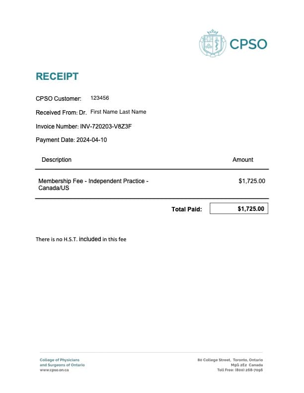 CPSO Receipt Example